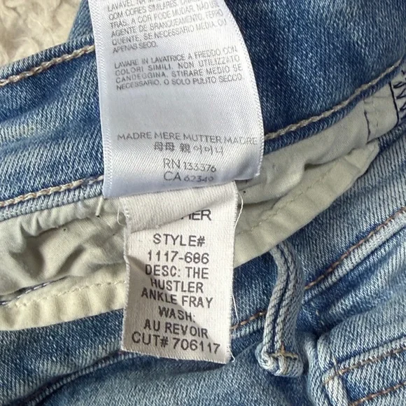MOTHER The Hustler High Rise cropped Leg Ankle Fray Jeans Au Revoir size 32